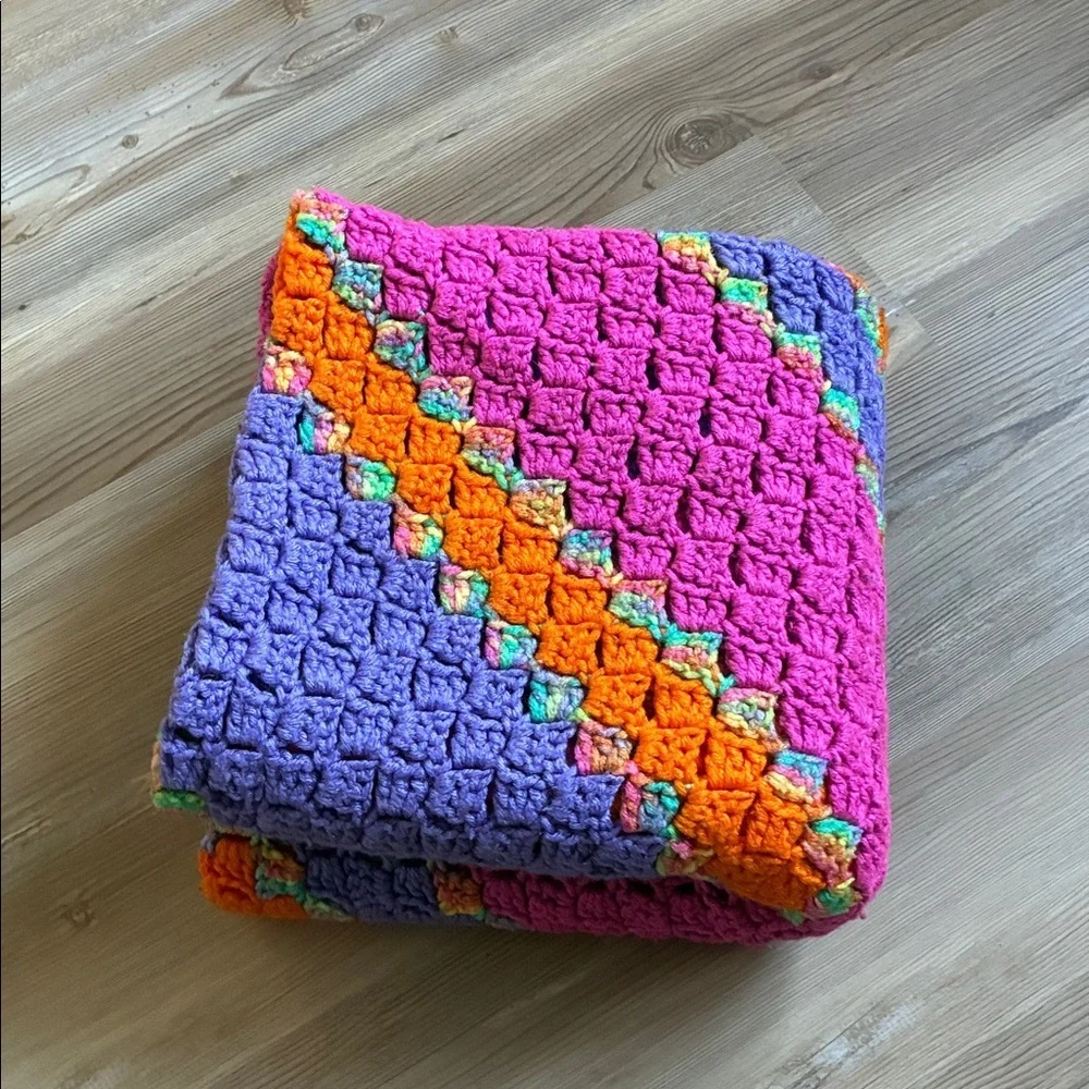 Multicolored Crocheted Blanket Throw Orange purple pink Handmade 40” X 40”
